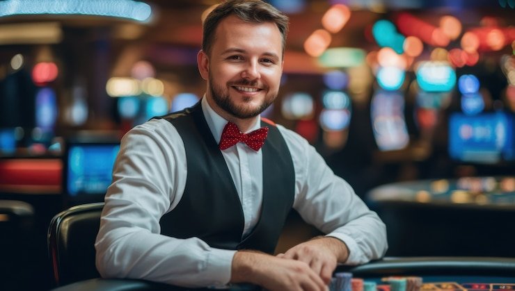Meja No Commission Baccarat live-dealer di rjslot dengan dealer profesional dan pemain dari berbagai kota